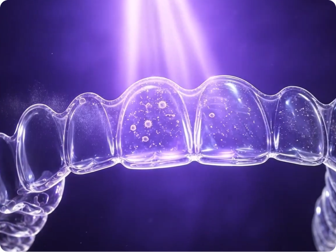 Ultraviolet light shining onto a transparent dental aligner